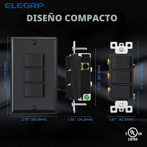 Vista 5 de ELEGRP Decorator - Interruptor basculante triple, paleta eléctrica de un solo polo, 15 A 120 V en la pared, encendido y apagado automático, placa