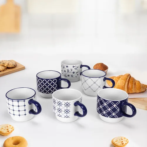 Vista 7 de Schliersee Juego de 6 tazas de café de cerámica apilables de 12 oz, taza pequeña con patrón geométrico floral, taza de café de porcelana azul