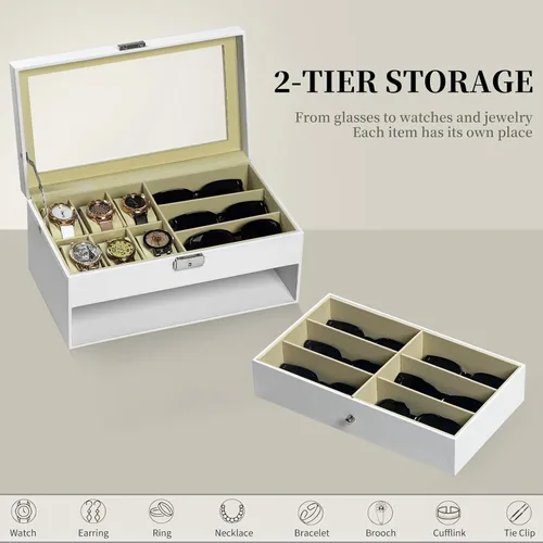 Vista 6 de AUTOARK AW-131 - Caja de cuero para 6 relojes, joyero y 9 piezas para guardar lentes de sol y lentes de sol, cajón organizador con cerradura