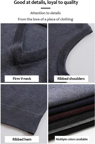 Vista 7 de FULIER Chaleco de lana de cachemira con cuello en V para hombre, sin mangas, clásico suéter de punto, suéter cárdigans sin mangas Negro