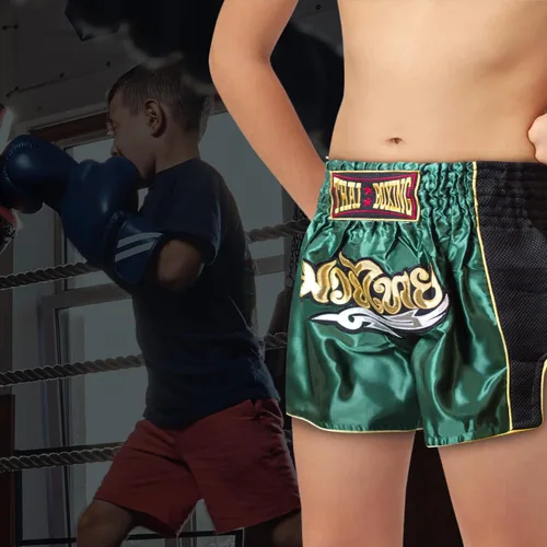 Vista 6 de SIAMKICK Pantalones cortos de Muay Thai para niños (4 años a 10 años), boxeo, kickboxing, artes marciales mixtas para niños y niñas