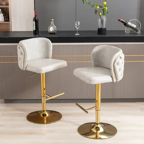 Vista 2 de Taburetes de bar tapizados de poliuretano con base dorada, taburetes de bar ajustables de 25-33 pulgadas, taburetes de mostrador con respaldo Beige