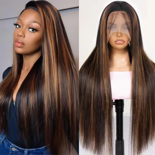 Vista 8 de Cypha Peluca de cabello humano lacio con encaje frontal 1B/27, 13 x 6 HD, cabello humano prearrancado, densidad del 180%, con reflejos de encaje