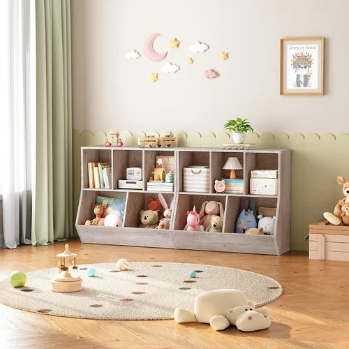 Vista 4 de HOOBRO Estantería para niños, estantería con cabecera, cubo de almacenamiento de juguetes, estantería para juguetes de niños, gabinete