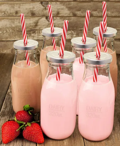 Vista 2 de Estilo, botellas de vidrio transparente para leche reutilizable con pajitas y tapas de metal a rosca, 10.5 onzas (6 unidades)