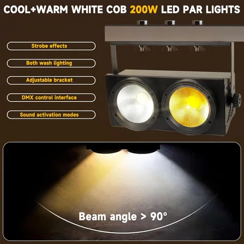 Vista 2 de MAD OWL Luces LED de 200 W, 2 ojos fríos y blancos cálidos, control DMX, activación de sonido, estroboscópico COB para teatro, iglesia, eventos