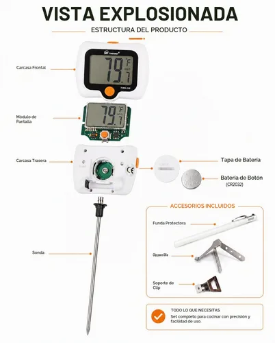 Vista 5 de Termómetro digital de caramelo con pantalla LED giratoria de 180°, sonda de acero inoxidable 304, escudo térmico, 2 clips de olla, termómetro