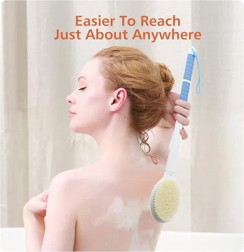 Vista 6 de Cepillo de ducha con cerdas suaves y rígidas, mango largo de 18.5" de doble cara, cepillo de baño para la espalda, exfoliador corporal para Azul