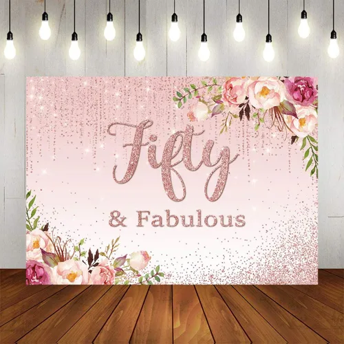 Vista 5 de Mocsicka Fifty Fabulous - Telón de fondo floral con puntos dorados para fotografía de cumpleaños 50 para mujeres, de vinilo, para retratos, cabina