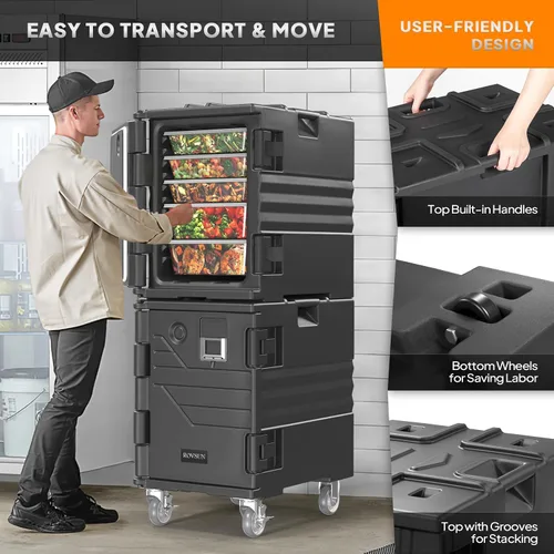 Vista 11 de ROVSUN Caja Calentadora de Alimentos, Porta Comida Aislada con Ruedas Bloqueables Dobles Hebilla y Asas, Cajas Calientes Apilables para Restaurante