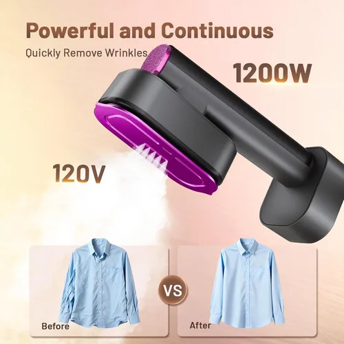 Vista 2 de Vaporizador para ropa, vaporizador de ropa 2 en 1 de mano, plancha de viaje, plancha de vapor de 6 niveles de 1200 W con pantalla LED, calentamiento