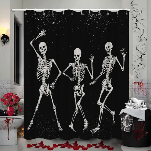 Vista 14 de Bonita cortina de ducha de Halloween, fantasmas divertidos y espeluznantes, juego de cortina de ducha de poliéster blanco y negro con 12 ganchos