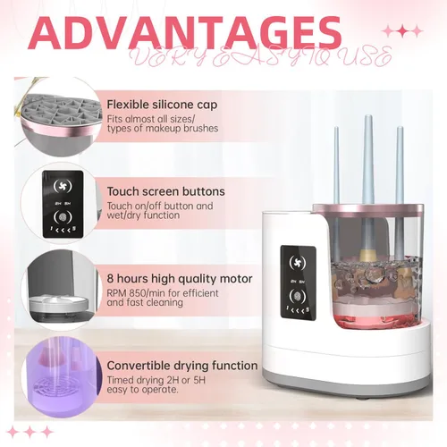 Vista 4 de Máquina limpiadora de brochas de maquillaje eléctrica con secado automático, limpiador de brochas portátil para pieles sensibles, pinceles