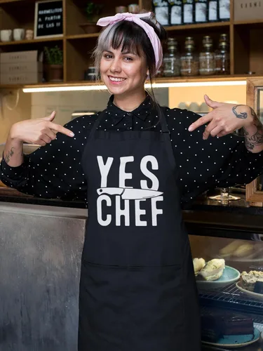 Vista 2 de YES CHEF - Divertido regalo de humor culinario - Delantal de cocina unisex con bolsillos y lazos traseros, Negro