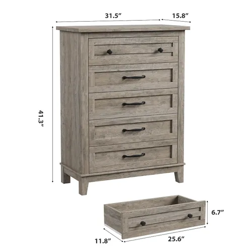 Vista 2 de GarveeHome Cómoda de 5 cajones verticales de 41.3 pulgadas de alto con gran almacenamiento, cómoda de madera independiente para dormitorio, sala