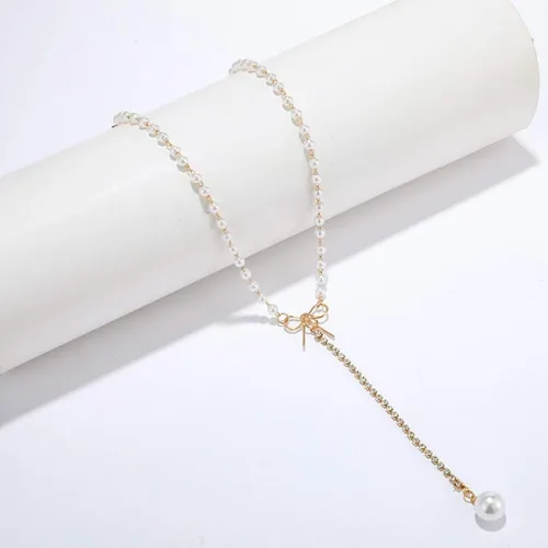 Vista 5 de Collares para mujer, collar de perlas de oro rosa, collar de perlas de moda simple lazo clavícula colgante collares y colgantes (oro, talla única)