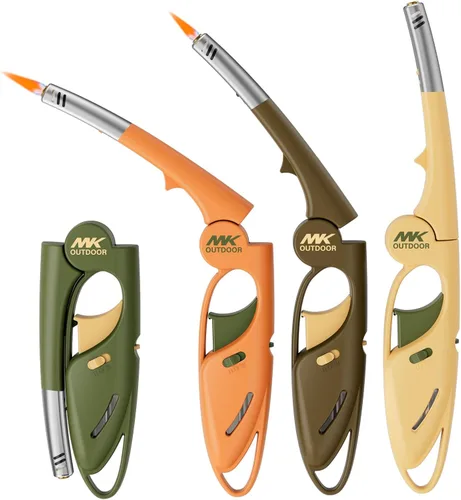 Vista 10 de MK - Encendedor largo, resistente al viento, recargable, con cuello plegable, llama ajustable, bloqueo de seguridad y ventana de combustible