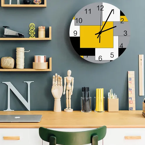 Vista 4 de Savannan Reloj de pared de madera de 12 pulgadas de mediados de siglo abstracto geométrico bloque de color 3D amarillo, negro gris, funciona