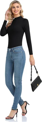 Vista 6 de Camiseta térmica básica de manga larga para mujer ligera con cuello alto ajuste delgado suave