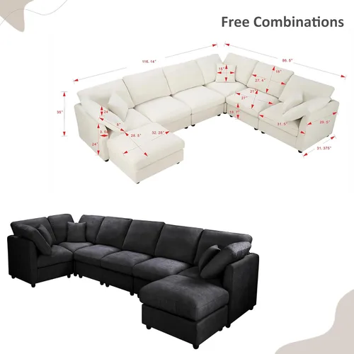 Vista 2 de Sofá modular de 117 pulgadas, sofá modular de felpilla en forma de U con otomana móvil, moderno sofá modular de 7 asientos para sala de estar, Beige