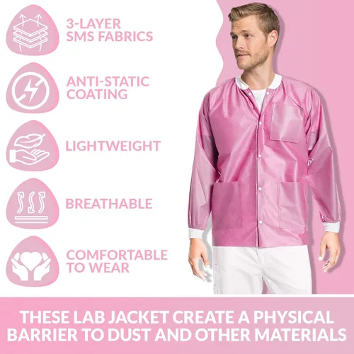Vista 53 de Paquete de 10 chaquetas desechables de laboratorio, chaqueta médica reutilizable hasta la cadera, unisex, con puños de punto y bolsillos