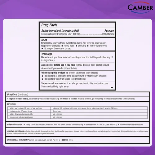 Vista 6 de Camber 24 horas antihistamínico fexofenadina antihistamínico para interiores y exteriores, tabletas de alivio de alergias, 500