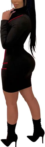 Vista 7 de PerZeal Vestido corto sexy ajustado para mujer, con cremallera frontal, cuello en V profundo, manga larga, club, fiesta, vestido corto