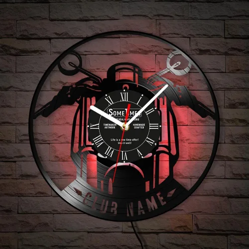 Vista 4 de The Geeky Days Reloj de pared con disco de vinilo para motocicleta, con nombre personalizado, 7 colores cambiantes, para motocicletas, garaje, reloj