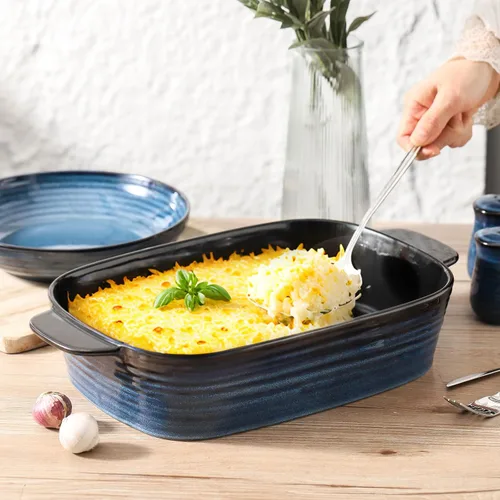 Vista 5 de Plato de cerámica para hornear, cacerola de 8.7 x 15.2 pulgadas con asas, bandeja rectangular profunda para lasaña para asar y hornear, utensilios