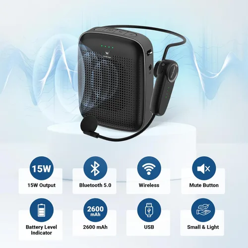 Vista 3 de Amplificador de voz inalámbrico Bluetooth para profesores - Mini amplificador portátil de 15 W con micrófono inalámbrico, micrófono personal