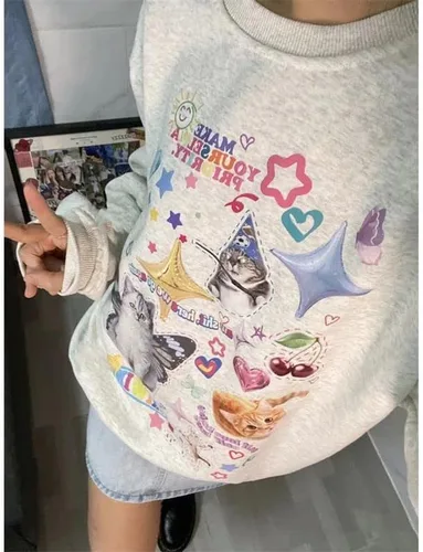 Vista 4 de Sudadera de gato para mujer, sudadera de gran tamaño para mujer, sudadera Y2K, ropa Y2K