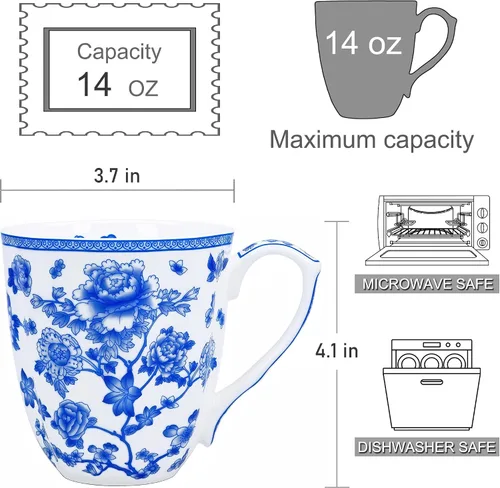 Vista 2 de Taza floral de porcelana de hueso de 14 onzas, taza de café floral para mujeres y hombres, taza de té de café de porcelana de hueso con asa cómoda