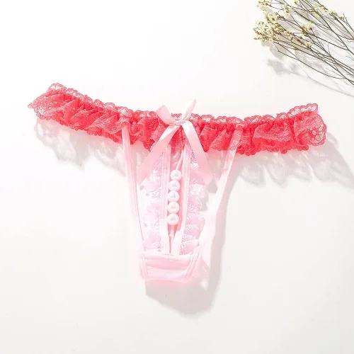 Vista 5 de Sekexi Bragas sexys para mujer, tangas de encaje para mujer, tangas G con perlas y encaje