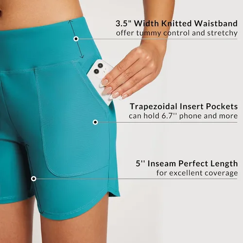 Vista 3 de BALEAF Traje de baño de 5 pulgadas de cintura alta para mujer, de secado rápido, con bolsillos