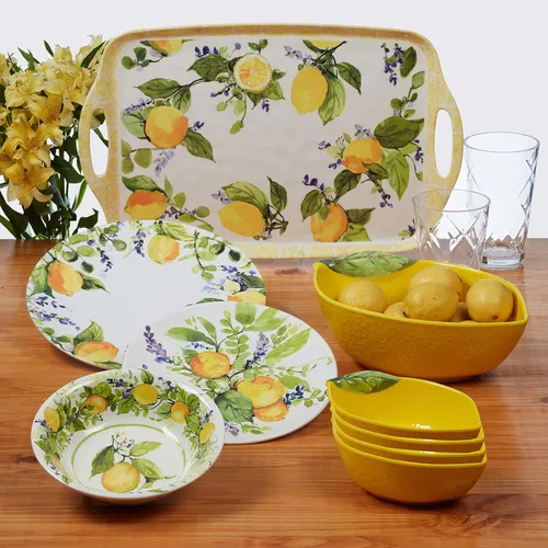 Vista 3 de Lemon Zest - Juego de 6 platos llanos de melamina, platos irrompibles para exteriores para cenar en el patio, fiestas de jardín, barbacoas