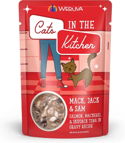 Vista 14 de Weruva Gatos en la Cocina, 1 si es por tierra, 2 si es por mar con atún, ternera y salmón en salsa, comida para gatos, 3 onzas, sobre (paquete de 12)