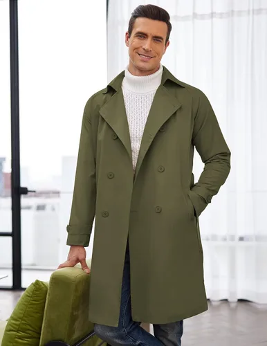 Vista 3 de COOFANDY Gabardina ajustada para hombre, con doble botonadura y cuello de solapa con cinturón