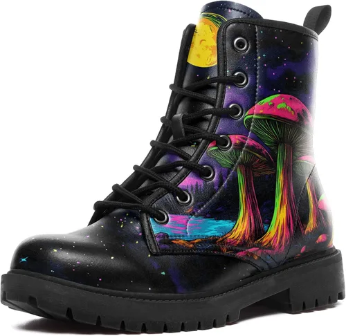 Vista 7 de Botas de Combate Florales de Setas para Mujer - Botas Góticas de Bosque Witchcore Tacón Grueso Cuero Vegano Moda con Cordones Botines Negros