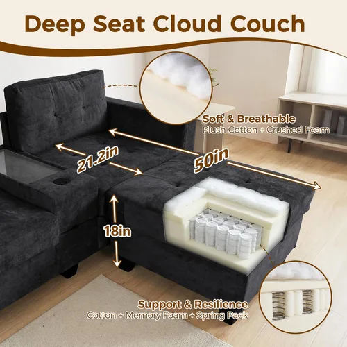 Vista 16 de Sofá modular de 103 pulgadas con 2 consolas acrílicas, juego de sofá en forma de U de gran tamaño con cargador USB, cajones de almacenamiento, Beige