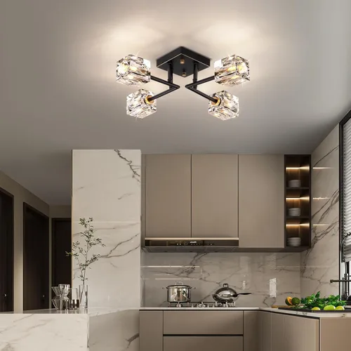 Vista 5 de Lámpara de techo moderna de cristal, lámpara de techo semiempotrada con 4 luces, candelabros Sputnik negros y dorados para dormitorio, comedor