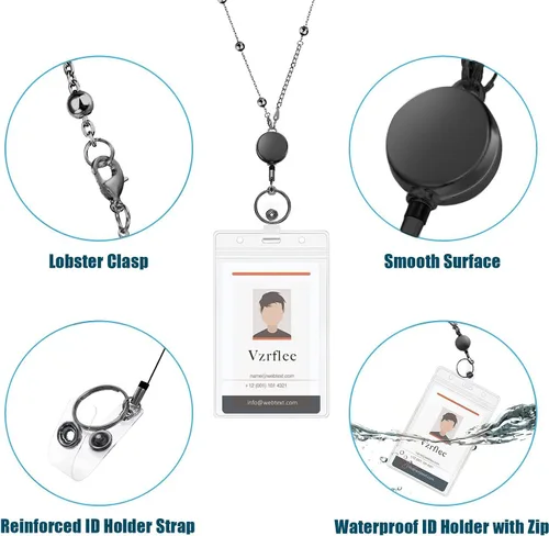Vista 3 de 2 piezas de cordón retráctil para carrete de insignia con 4 soportes de identificación para mujer, cadena de cuentas de moda de acero inoxidable