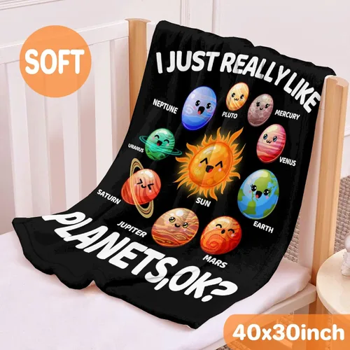 Vista 2 de Manta de planetas, regalo espacial para niños y niñas, amantes de 40 x 50 pulgadas, manta de franela suave con patrón de planetas y sol, manta