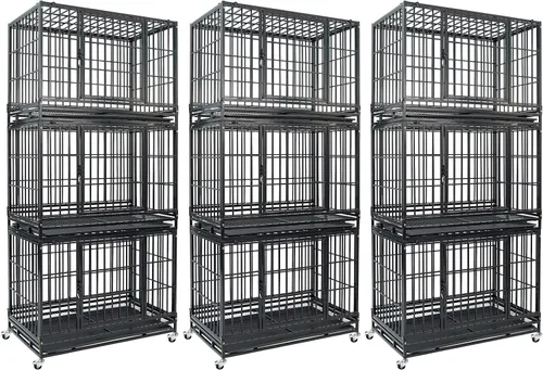 Vista 10 de Jaula apilable de 47 pulgadas para perros grandes de alta ansiedad, jaula indestructible a prueba de escapes para interiores con doble puerta