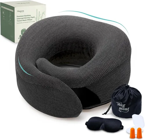 Vista 10 de Almohada de viaje para el cuello para aviones, almohada de viaje de espuma viscoelástica de 360° para vuelos largos, espuma viscoelástica de carbón