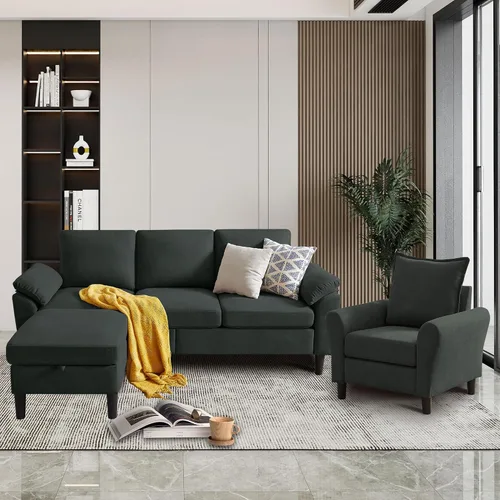 Vista 16 de Juego de sofás modulares de 3 piezas, sofás de 3 plazas en forma de L y sofá biplaza con sillón y otomana de almacenamiento para sala de estar Verde