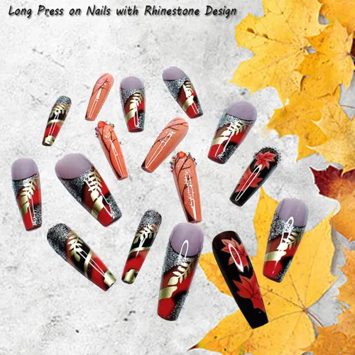 Vista 4 de 24 uñas postizas largas a presión con diseño de ataúd con diamantes de imitación, uñas postizas de cobertura completa, uñas postizas de otoño