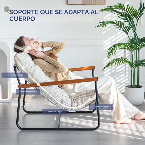 Vista 5 de MAXYOYO Silla decorativa moderna, cómoda, para sala de estar, con marco metálico y reposabrazos de madera, sillón tapizado con cojín suave para Beige