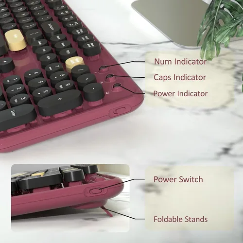 Vista 4 de Combo de teclado y mouse inalámbricos retro con reposamuñecas (rojo claret)