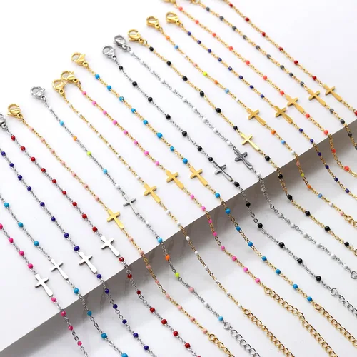 Vista 6 de Pulsera de Cuentas con Cruz Chapada en Oro de 14K para Mujeres, Pulsera de Acero Inoxidable Ajustable con Cruz de Fe Religiosa, Pulsera de Cadena