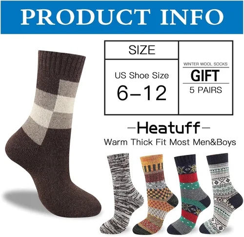 Vista 6 de Heatuff Calcetines de lana gruesa para hombre, térmicos, cálidos, para invierno, 5 pares, multicolor